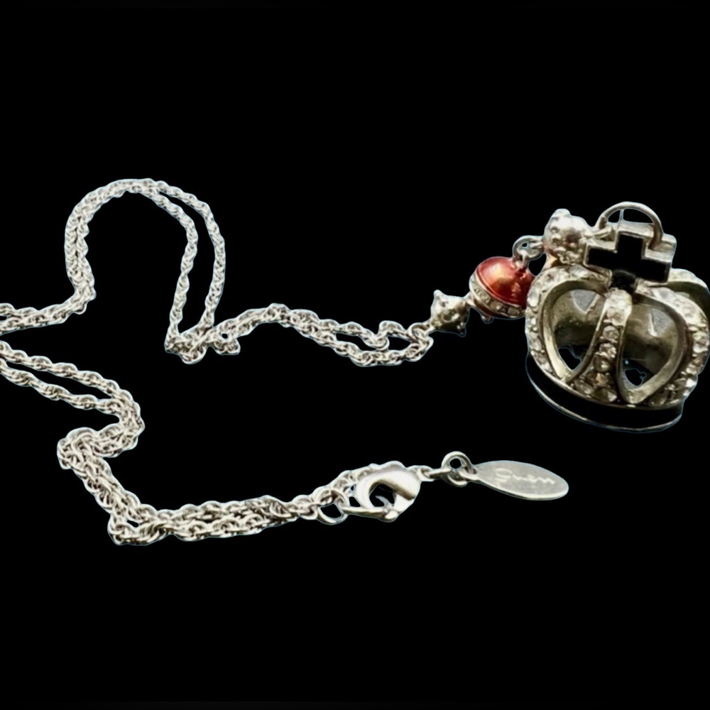 Silver Chain Necklace With Rhinestone Encrusted Royal Crown by Gwen 27”